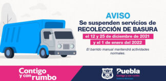 Suspenderán recolección de basura 12 y 25 de diciembre También se suspenderán el 1 de enero de 2022, con motivo de las festividades de fin de año.