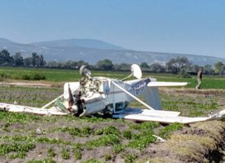 ¡Vaya susto! Cae avioneta en campos de Tehuacán avioneta