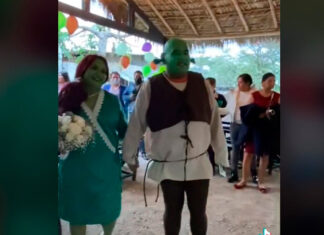 ¡Vivan los novios! Pareja celebra boda vestidos de Shrek y Fiona boda