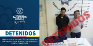 Detienen a 2 sujetos por robo a transeúnte en Cholula