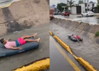 ¿Venecia? Hombre navega en un colchón en Chihuahua