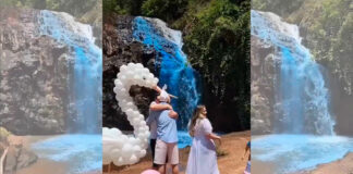 Critican a pareja por pintar cascada en revelación de sexo pareja