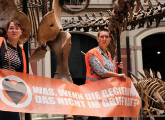 Ambientalistas alemanas protestan en museo y se pegan a dinosaurio ambientalistas