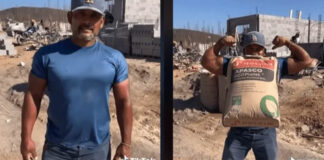 Albañil carga bulto de cemento ¡con los dientes! Albañil