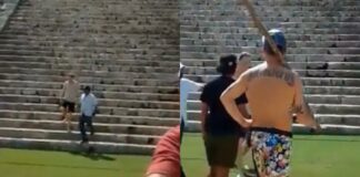 ¿Otro? Turista se sube a la pirámide de Chichén Itzá y lo bajan a palos