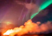 Aurora boreal y erupción de volcán iluminan cielo de Islandia Aurora