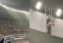 Aficionado festeja título del América en techo del Estadio Azteca