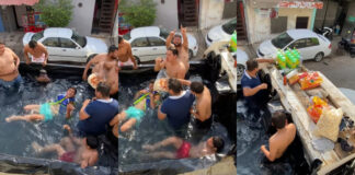 Amigos usan caja de camión como piscina y se vuelve viral Piscina