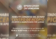 Congreso de Puebla habilita centro de acopio por paso de huracanes