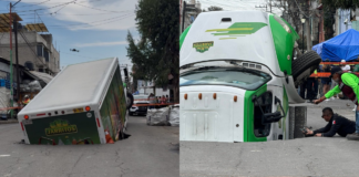 VIDEO: Socavón se “traga” camión de refrescos en Iztapalapa