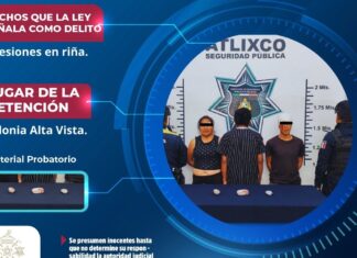 SSC de Atlixco asegura a dos adultos tras riña; participó un menor