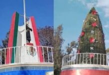“Disfrazan” a Miguel Hidalgo de árbol navideño en Chapulco
