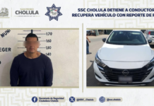 SSC Cholula recupera vehículo robado y detiene a su conductor