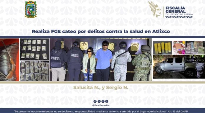 Aseguran drogas, armas y a dos personas tras cateo en Atlixco