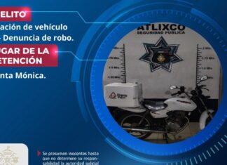 Policía de Atlixco asegura motocicleta de reparto robada