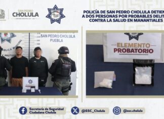 SSC Cholula detiene a dos hombres por posesión de droga en Manantiales