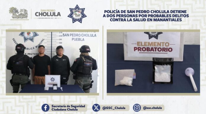 SSC Cholula detiene a dos hombres por posesión de droga en Manantiales