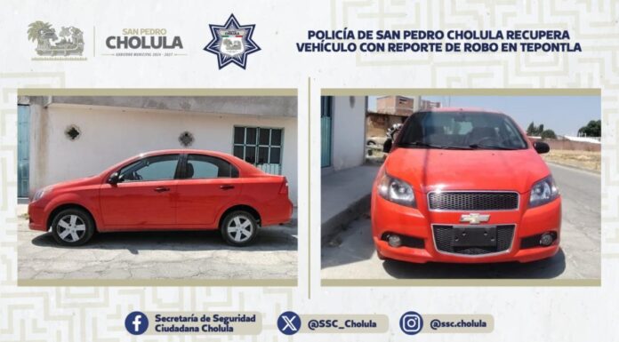 SSC Cholula recupera vehículo con reporte de robo en San Cristóbal Tepontla