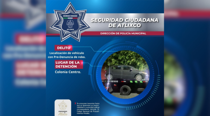 SSC Atlixco localiza vehículo con predenuncia de robo