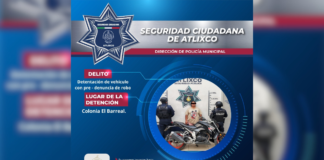 SSC Atlixco asegura motocicleta robada y detiene a una persona