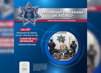 SSC Atlixco asegura motocicleta robada y detiene a una persona