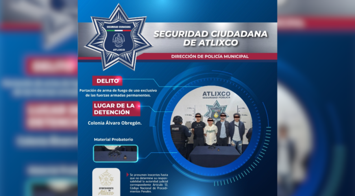Detienen a cuatro sujetos en Atlixco con arma de uso exclusivo