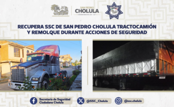SSC Cholula recupera tractocamión y remolque con reporte de robo