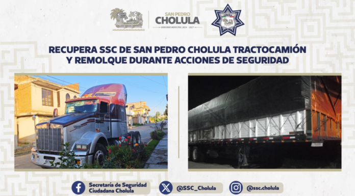 SSC Cholula recupera tractocamión y remolque con reporte de robo