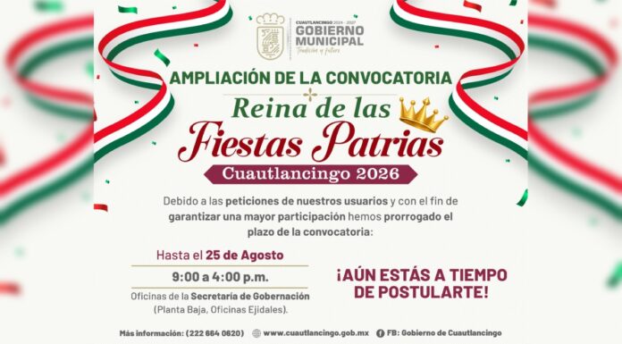 Cuautlancingo amplía plazo de convocatoria para Reina de Fiestas Patrias
