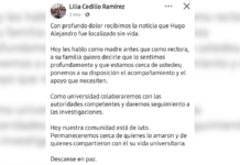 Lilia Cedillo expresa luto de la BUAP tras muerte de Hugo Alejandro