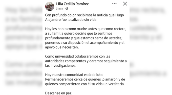 Lilia Cedillo expresa luto de la BUAP tras muerte de Hugo Alejandro